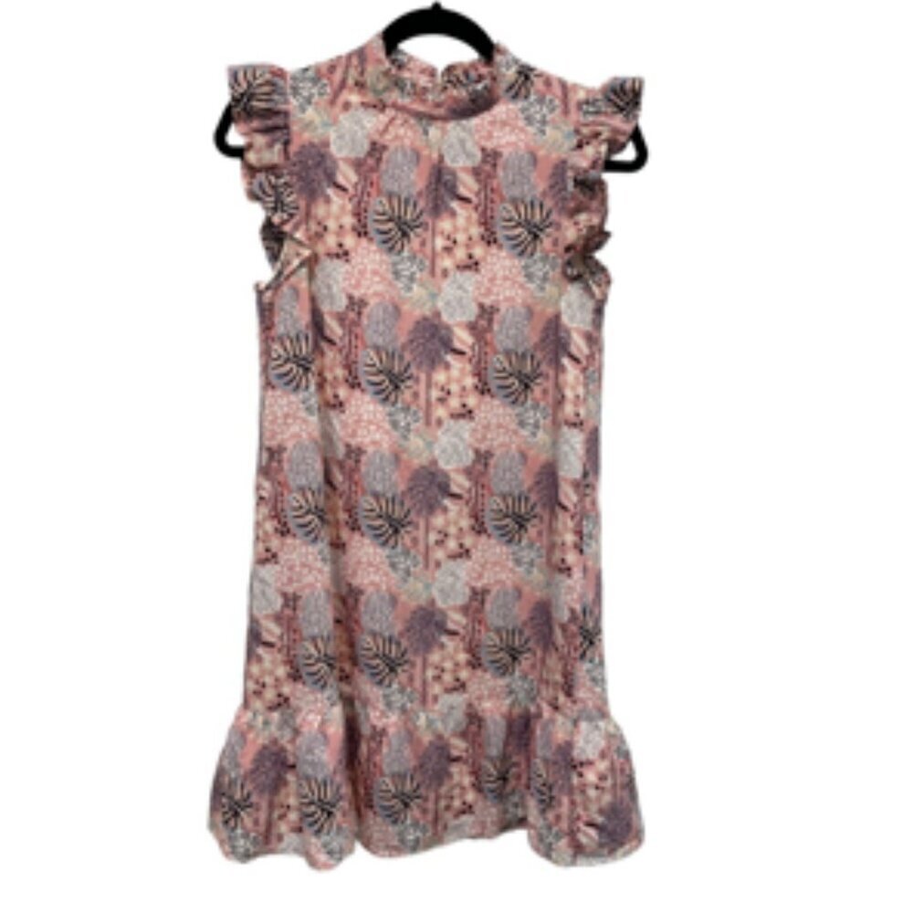 THML Ruffled Flutter Sleeve Tiered Tropical Floral Pink Mini Dress S/M - Picture 10 of 10